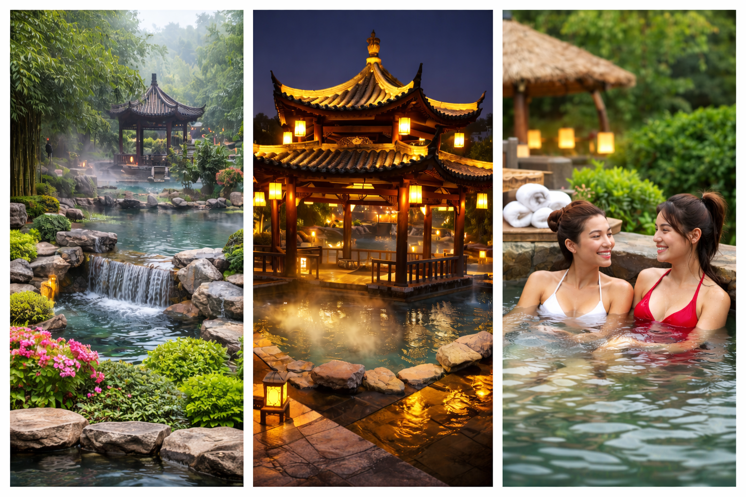 Ronghui Hot Springs in Chongqing with steam rising from the main outdoor pool
